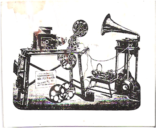 Historical film projection and sound apparatus with a gramophone
